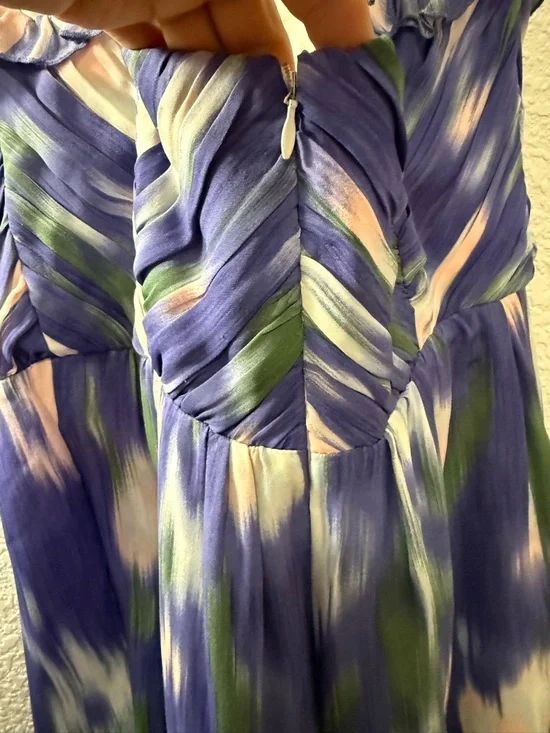 Purple Blue Abstract Print Dress | Flowy Fit & Flare Mini | 100% Silk | Size 8 - Picture 10 of 16